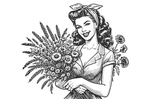 Smiling Retro Woman with Wildflower, a Person Illustration by AlexArt