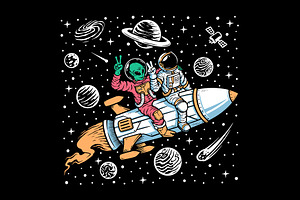 Astronaut And Alien Ride On Rockets