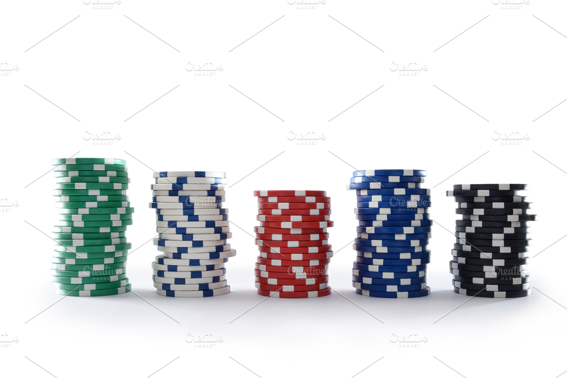 Stacks of colorful casino chips with white isolated background, an Arts & Entertainment Photo by Davizro's Market