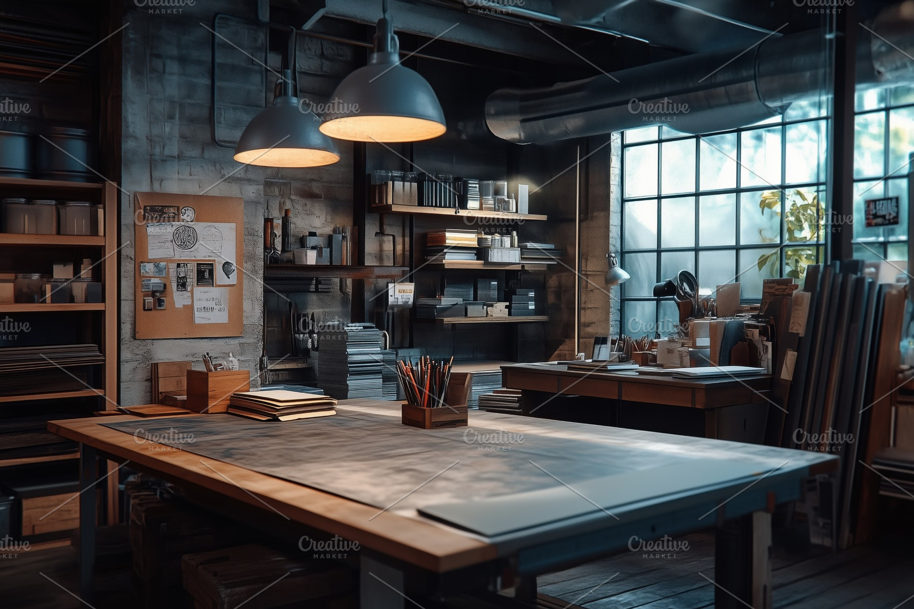 A cozy artist's studio featuring a large wooden table with art supplies, shelve, a Person Photo by Textures & Backgrounds