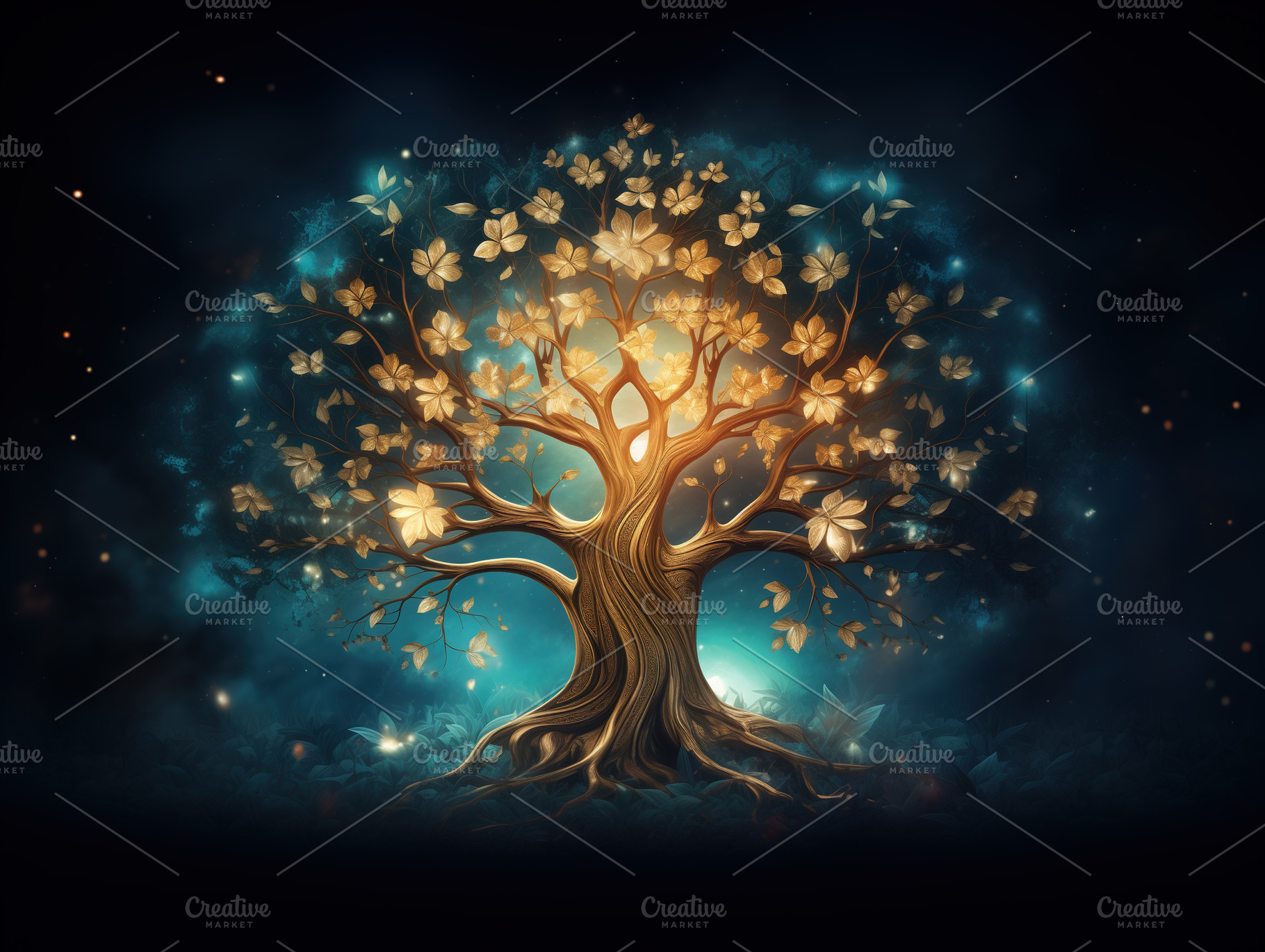 Magical tree with glowing golden flowers. Spirit tree on black b, a Nature Photo by Studio Light & Shade