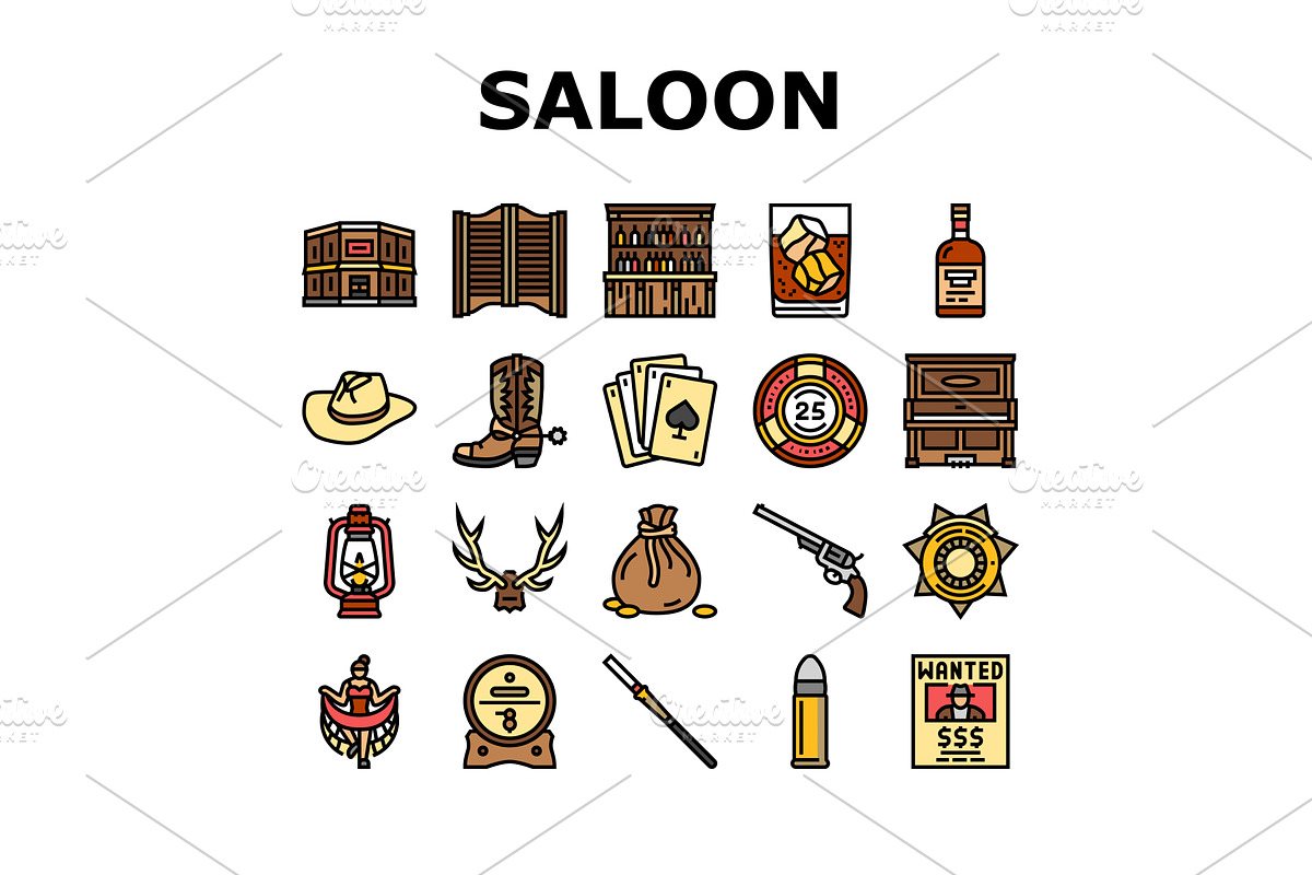 saloon western wild west icons set, an Object Illustration by pikepicture