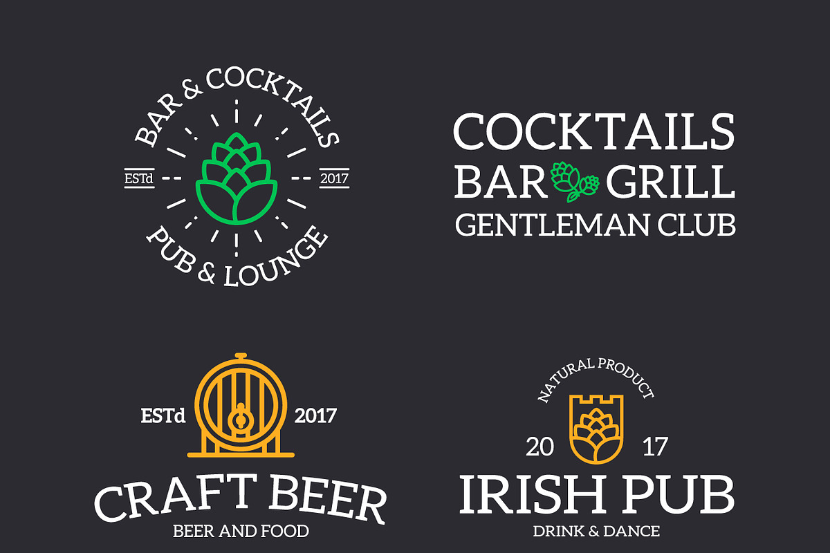 Set of retro vintage beer and alcohol logo or insignia, emblems, labels and badges and other branding objects. Vector line style, a Branding & Logo Template by GraphiShop (Photo 4 of 4)