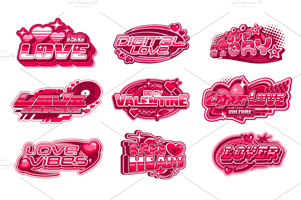 Valentine day love y2k labels, a Seasonal Illustration by Vector Tradition