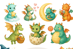 Cute Baby Dragon Clipart Set, a Decorative Illustration by Pati Charm Studio