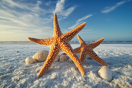 Starfish standing on white sandy beach during a sunny day near the ocean, an Animal Photo by AlyaAnd