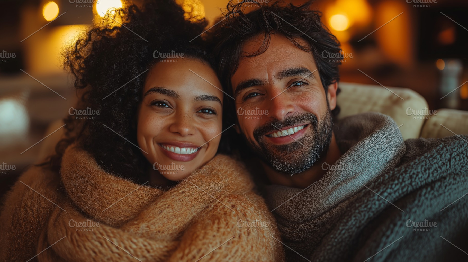 A joyful couple, a Black woman and a Caucasian man, share a warm embrace under, a Person Photo by ImageMir
