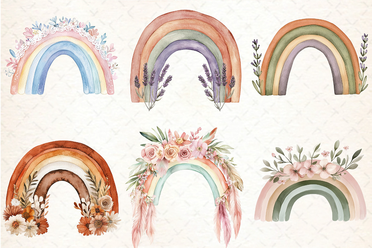 Boho Rainbow Floral Clipart, an Illustration by DreamCafeArt (Photo 2 of 6)