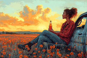 Young woman sitting by a pickup truck in a scenic flower field, a Photo by AS photostudio
