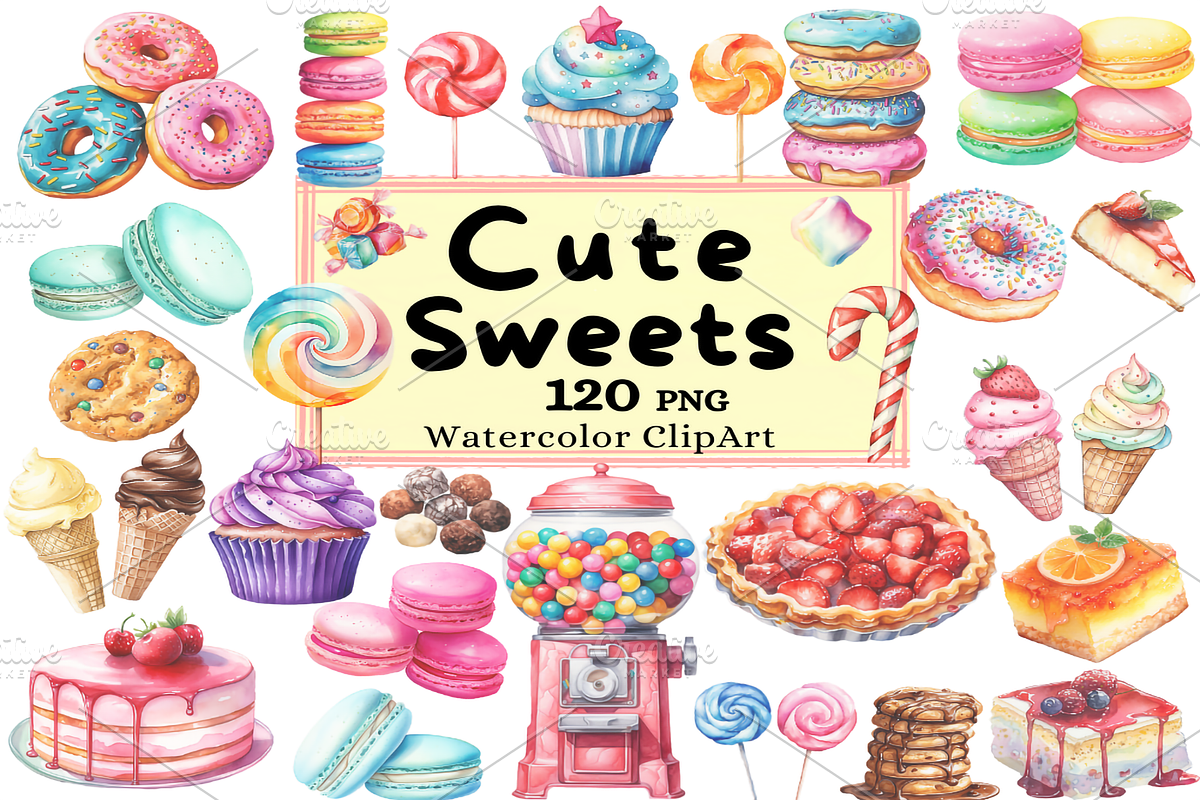 The Cute Sweets Collection Clipart, a Food Illustration by Watercolor Digital (Photo 1 of 18)