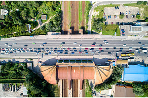 Topdown view of a road bridge featuring aerial, bridge, and city, a Transportation Photo by Leonid Andronov