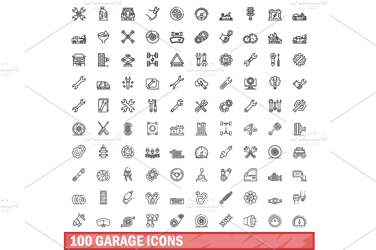 100 garage icons set, outline style, a Transportation Illustration by Ylivdesign