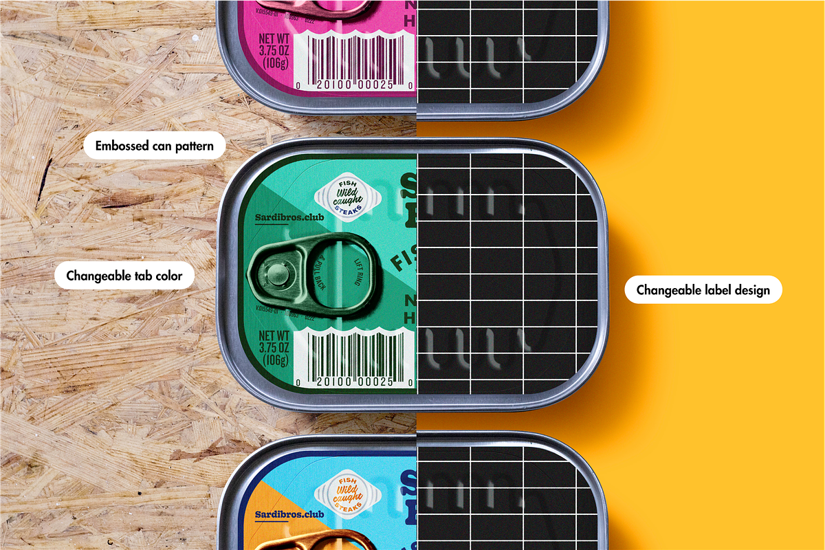 Three Can Tinned Fish Mockup, a Packaging Mockup by Jacob Waites (Photo 2 of 5)