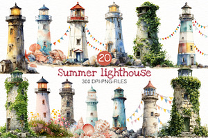 Watercolor Summer lighthouse clipart, an Illustration by Designworld