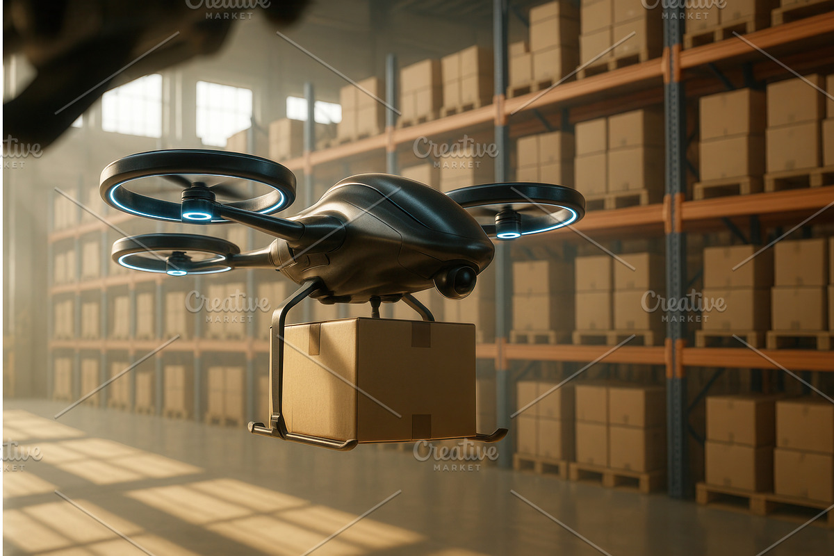 A drone carrying a cardboard package, a Transportation Illustration by Sergey Kotenev