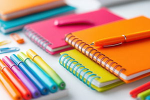 Colorful spiral notebooks and pens, a School & Education Photo by AlyaAnd