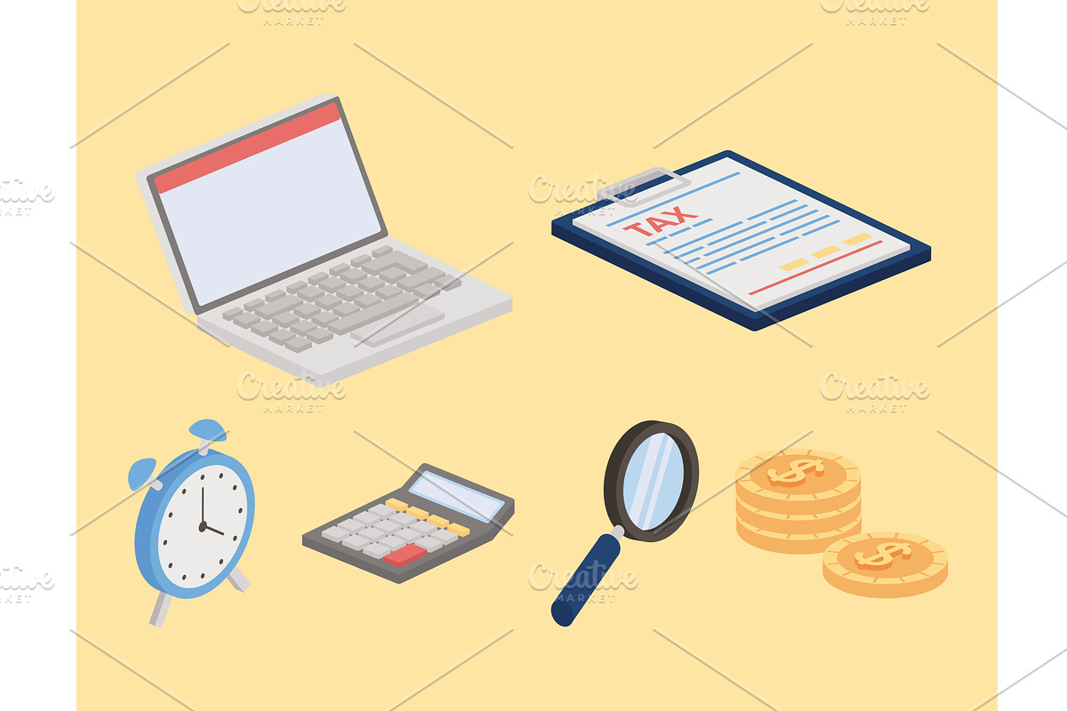 six tax isometric icons, a Finance Illustration by studiogstock