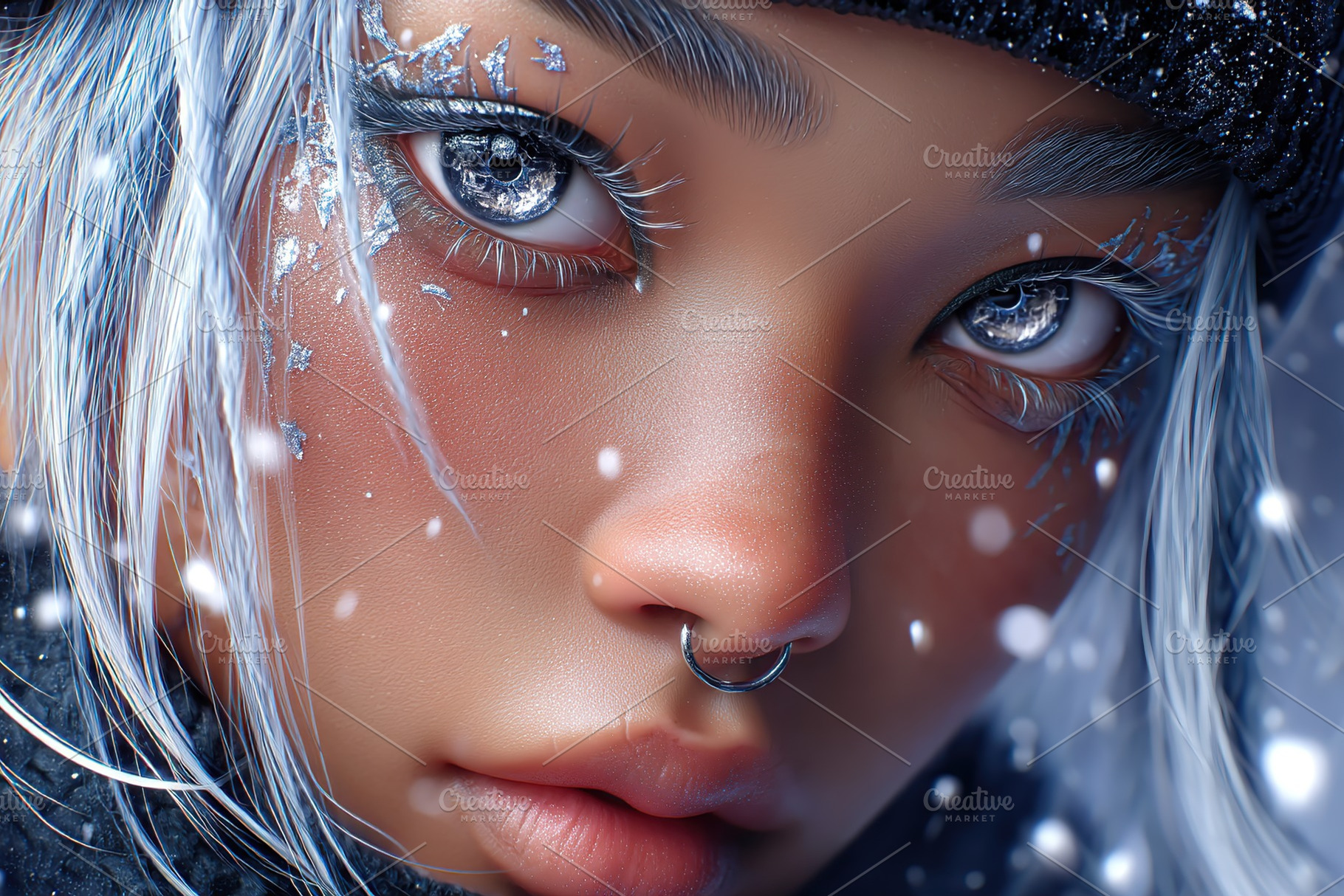 Close-up of a young woman with frosty features and blue eyes in a winter wonder, a Person Photo by AlyaAnd