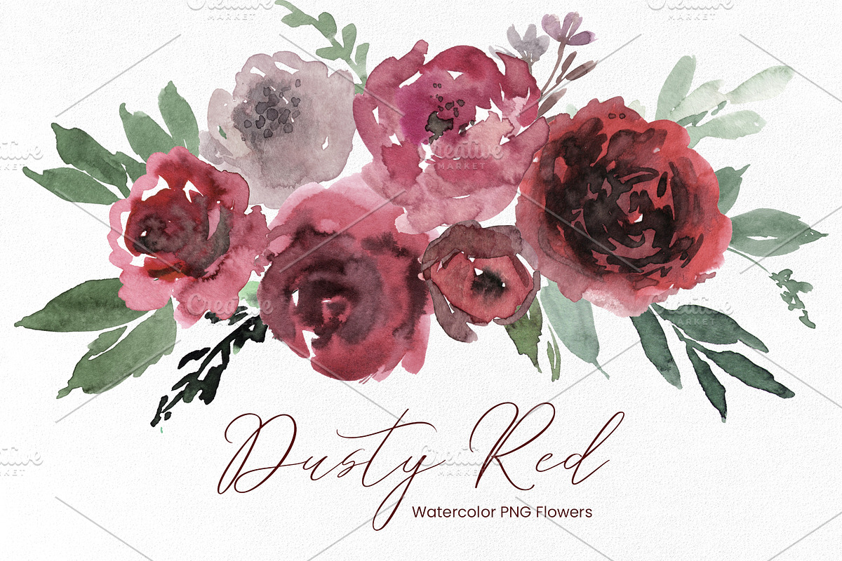 Watercolor Dusty Red Flowers, a Decorative Illustration by GraphicsDish (Photo 1 of 3)