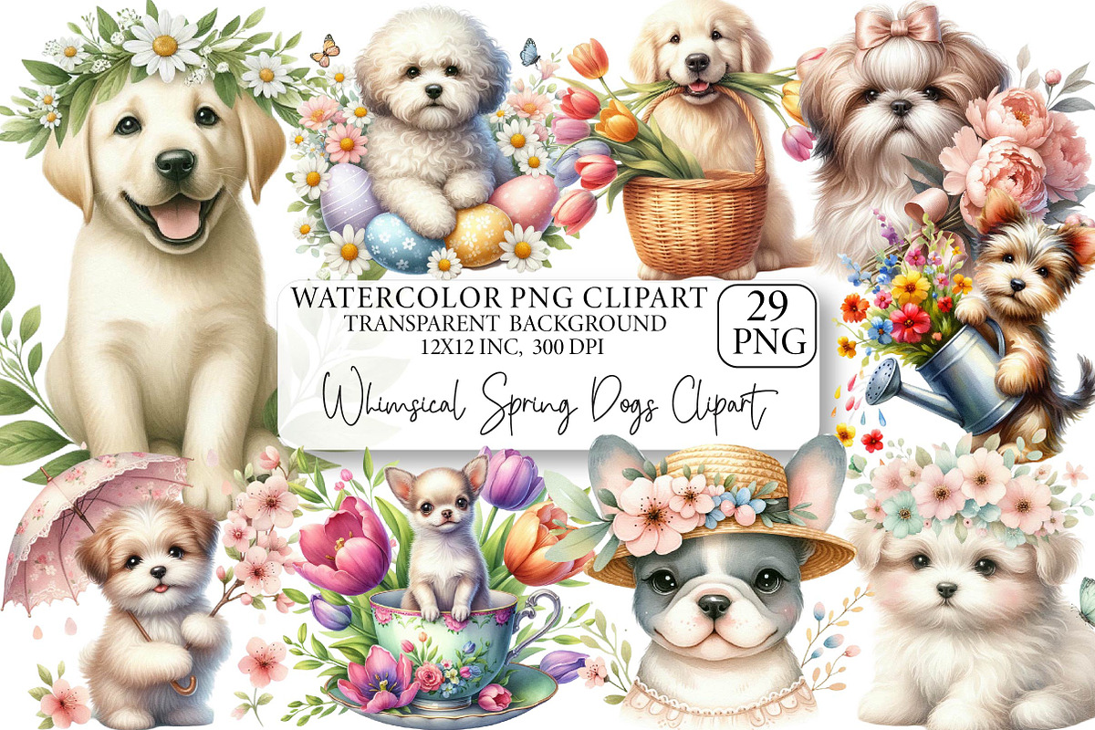 Whimsical Spring Dogs Clipart, an Illustration by DreamPrint404 (Photo 1 of 6)