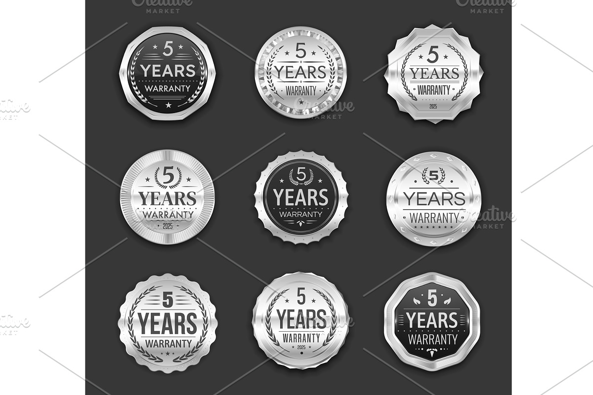 5 years warranty silver badges, an Object Illustration by Vector Tradition
