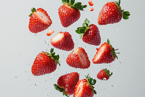 Realistic strawberries flying in the, a Food & Drink Photo by Pixeness Studio