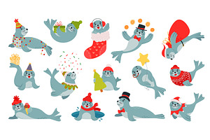 Christmas seals characters. Funny, an Animal Illustration by LadadikArt