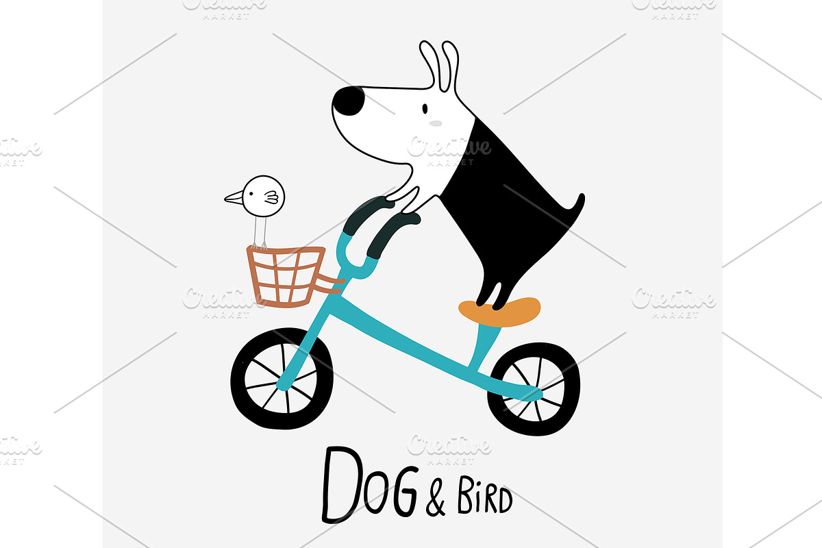 Dog & Bird riding a bike, an Animal Illustration by Irene Loal