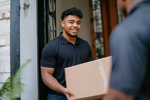 Delivery person hands over package, a Photo by Beautiful things