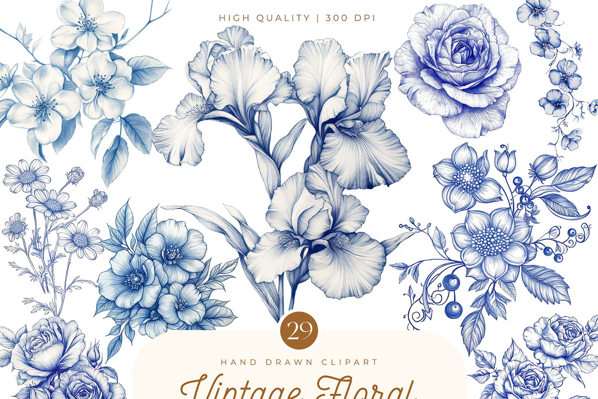 Vintage Line Art Floral Clipart, an Object Illustration by SparkyDesignsUS (Photo 1 of 9)