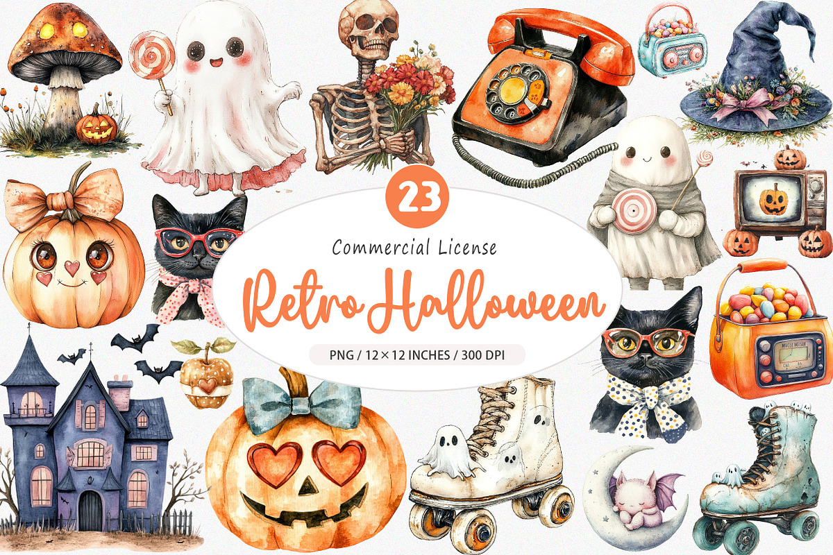 Cute Retro Halloween Clipart, an Illustration by SinaCreation (Photo 1 of 5)