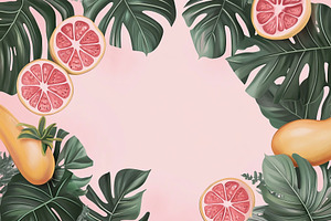 Summer vibes with tropical fruit and lush greenery decorating a warm poster bac, a Background Photo by AlyaAnd