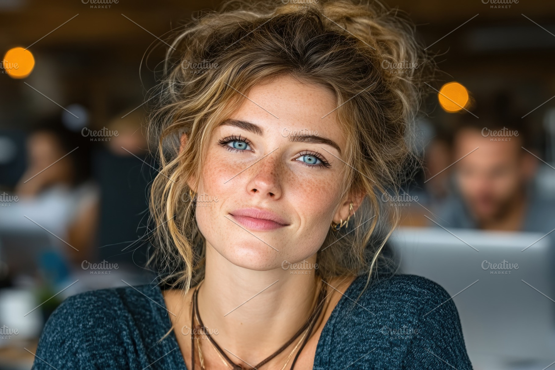 Confident young woman with blue eyes and freckles smiling indoor, a Person Photo by José Manuel Gelpi