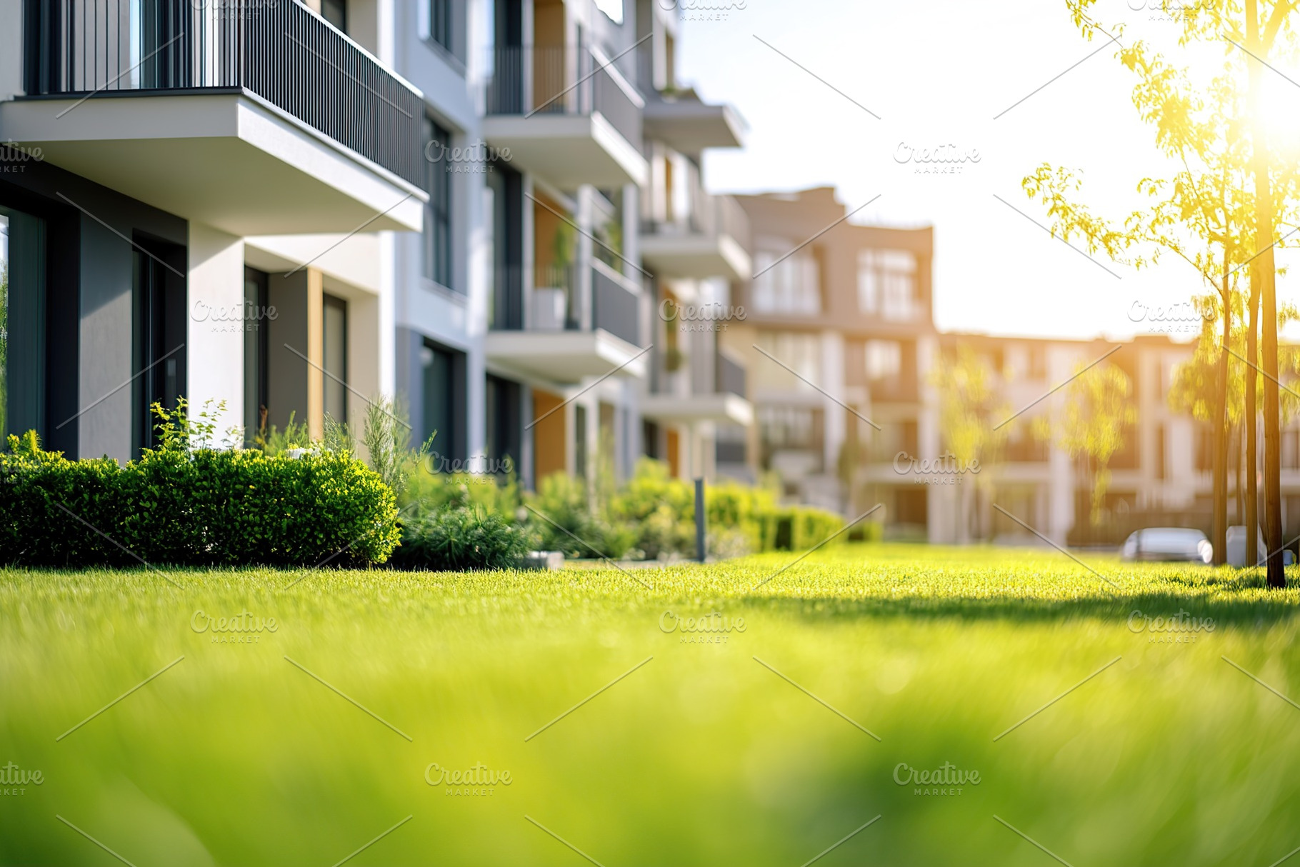 Modern residential buildings with green lawns in a sunny urban setting, a Photo by AlyaAnd