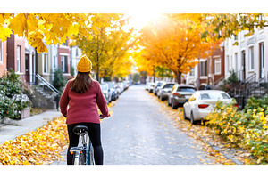 Back view of woman cycles on street, a Business Photo by Lermont51