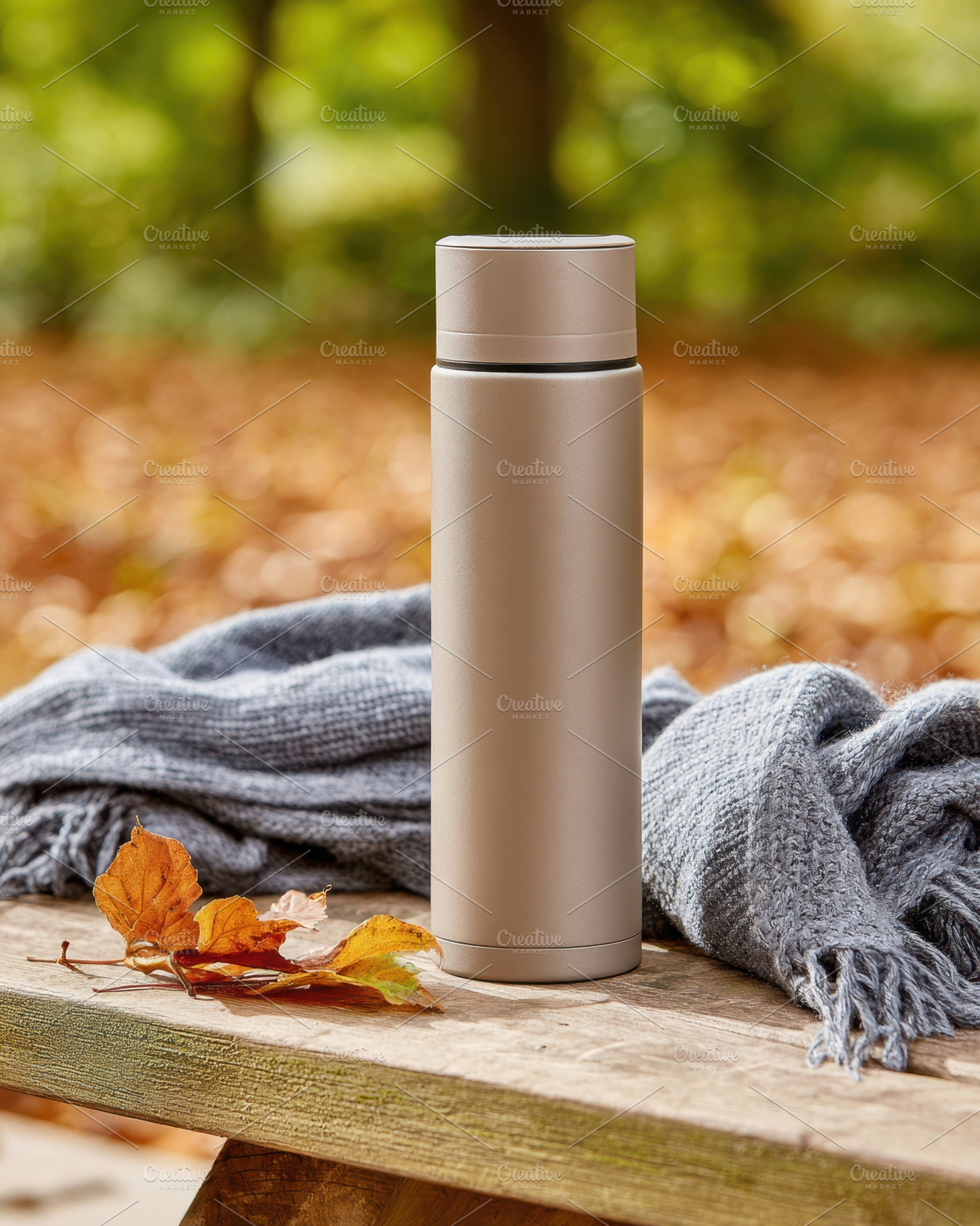 Cozy autumn scene with thermos and scarf, a Food & Drink Photo by AlyaAnd