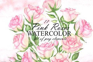 Watercolor pink roses and leaves, an Illustration by OlDm_Shop