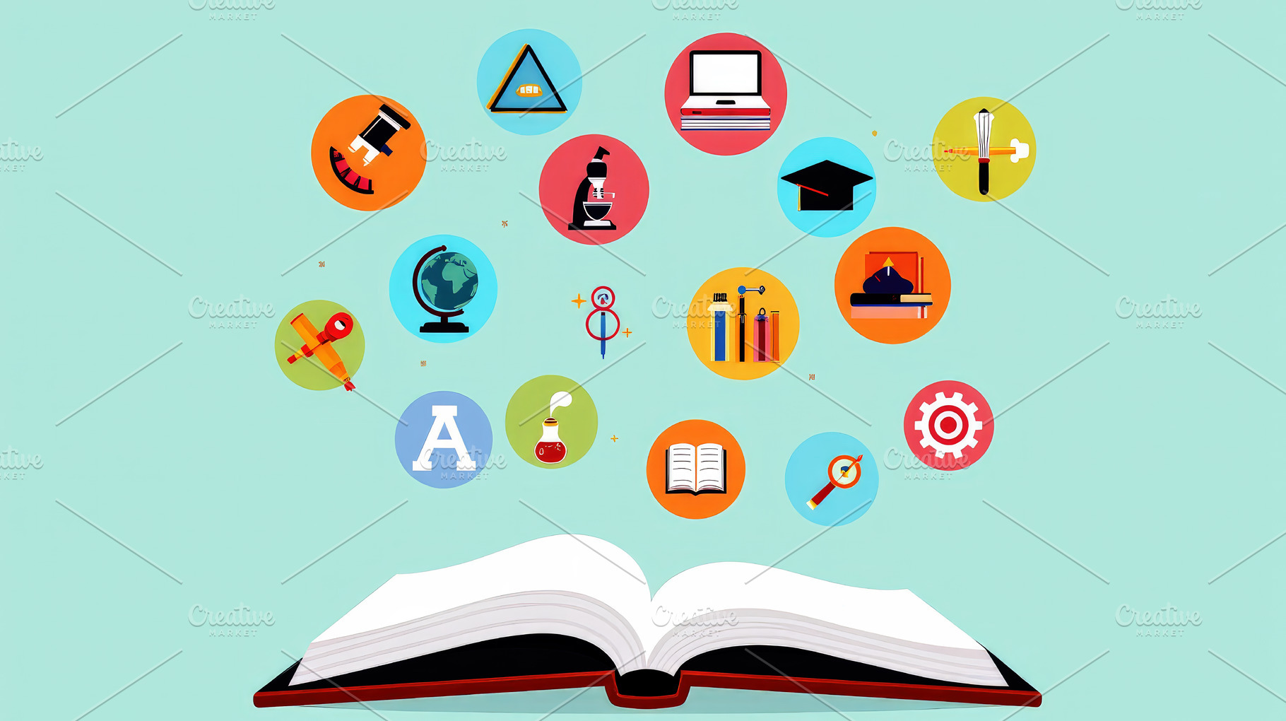 Open book with floating educational, a School & Education Photo by Perpis
