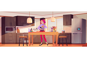 Cartoon woman cooking in modern, a Person Illustration by art PVP - market