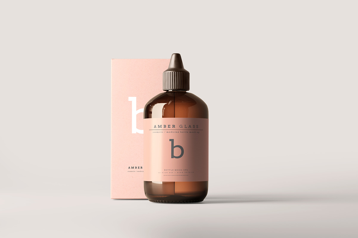 Amber Glass Bottle Mockups, a Cups & Container Mockup by pmvch (Photo 1 of 20)