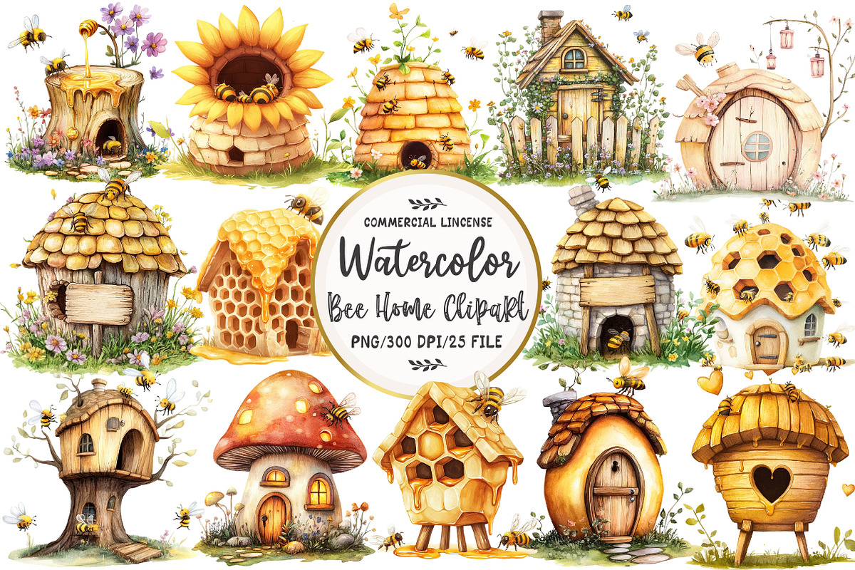 Watercolor Bee Home Clipart, an Illustration by OK Design (Photo 1 of 5)