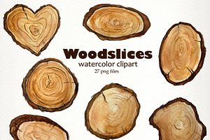 Watercolor Woodslices Clipart- Handp