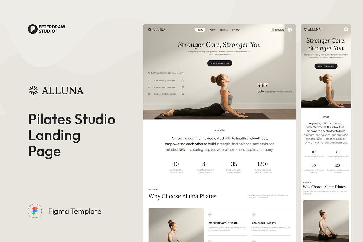 Alluna – Pilates Studio Landing Page, a Websites & App Template by peterdraw (Photo 1 of 3)