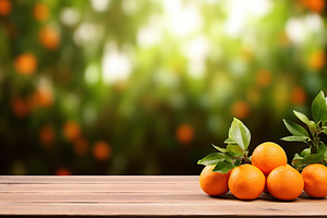 Brown wooden table on orange trees background, a Food & Drink Photo by AlyaAnd