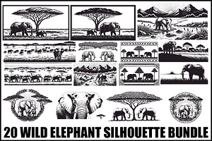 Wild Elephant Silhouette Set, an Illustration by jahid234
