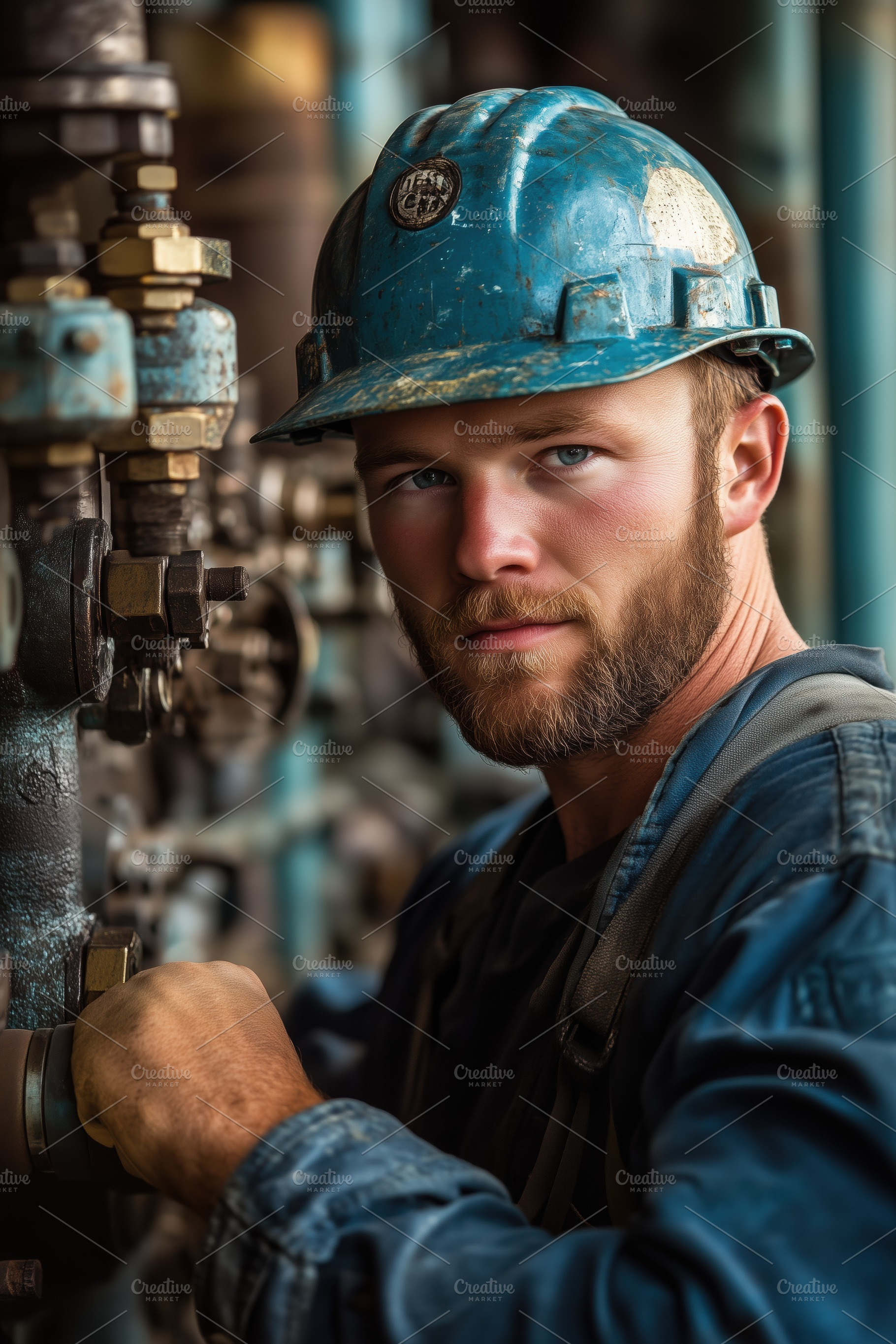 A focused pump operator male worker in a blue hard hat and work attire, standin, a Person Photo by Textures & Backgrounds
