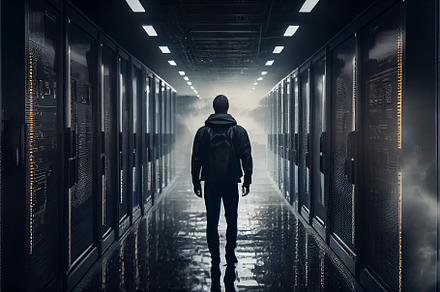 Cloud service engineer standing in front of a digital technology data center in, a Technology Photo by Olyryk & Aglo