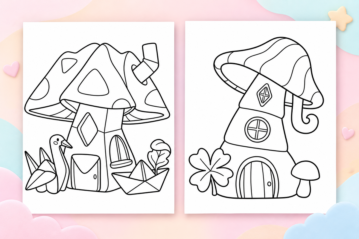 Mushroom House Coloring Pages, a Seasonal Illustration by Inkivelle Studio (Photo 2 of 3)
