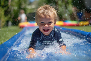 Happy toddler boy sliding on inflata, a Photo by Pixeness Studio