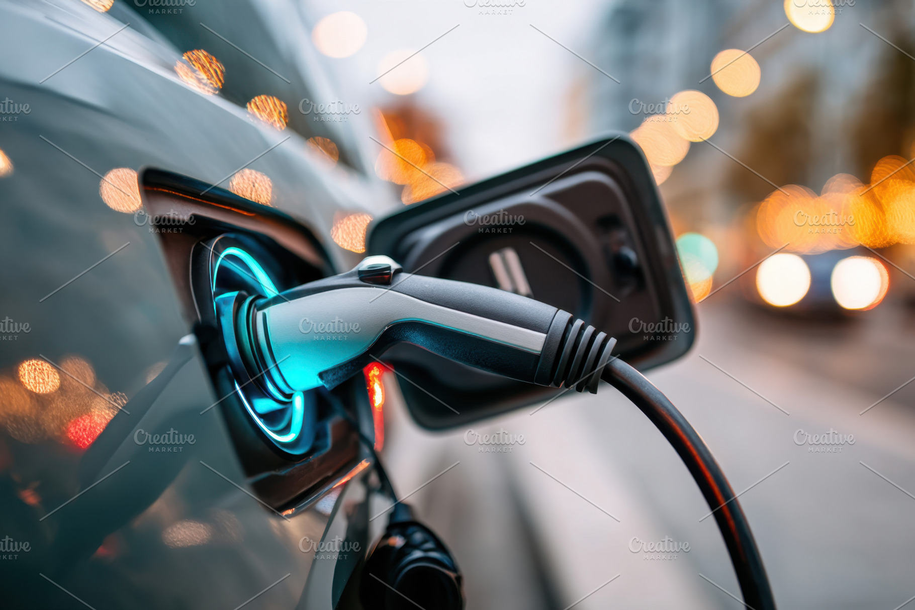 Electric car charging at a charging station, a Transportation Photo by AlyaAnd